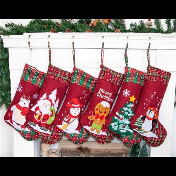 6 Pack Christmas Stockings(21inch) Embroidered Linen Applique Burlap - Picture 3 of 6
